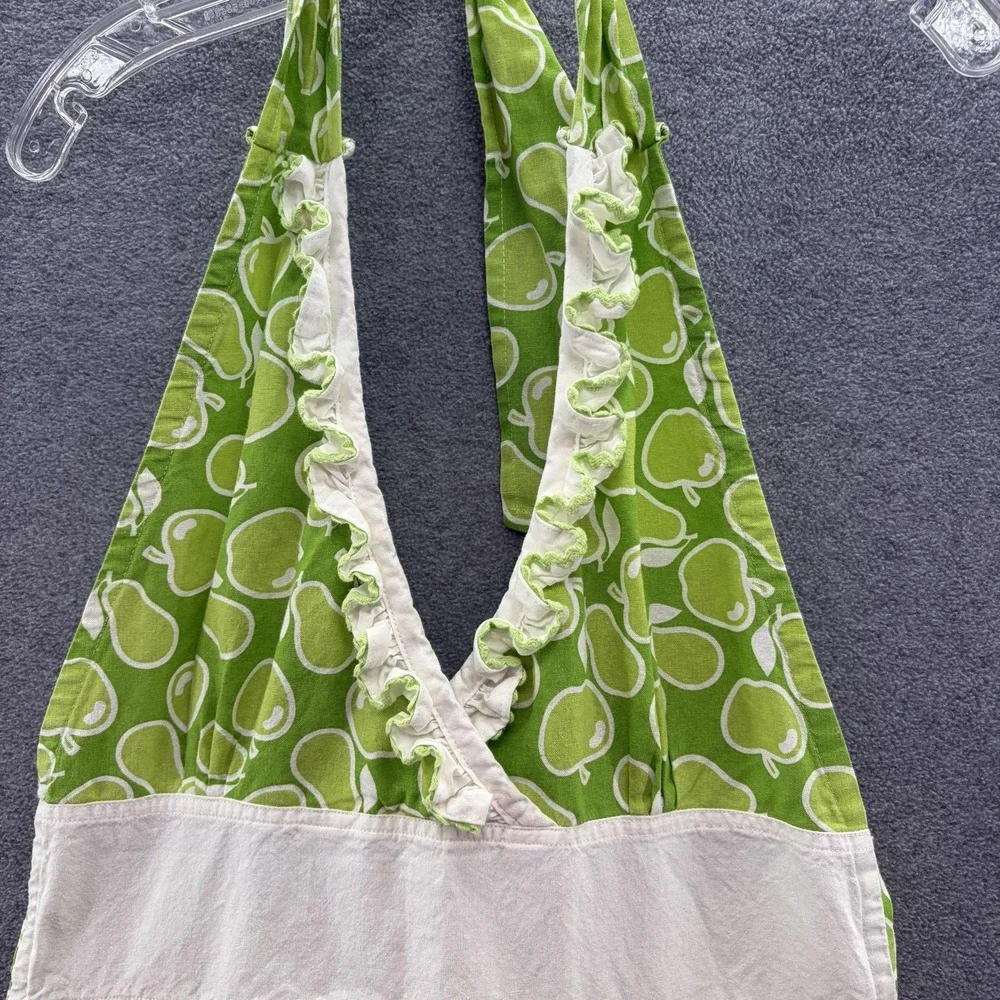 Green Fruit Apron Womens OS Apple Pear Print Ruffle Pocket Retro Rockabilly